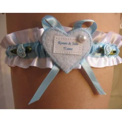 Strumpfband, Brautstrumpfband, Hochzeit, Braut, weiß, blau, Röschen, Wunschtext, Vornamen, Hochzeitsdatum, Spruch