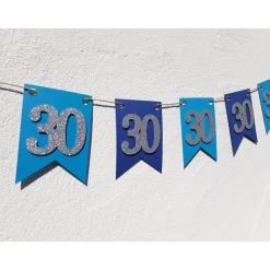 Super edle Girlande zum 30. Geburtstag Wimpelkette Girlande Dekoration Papierdeko Wimpel Silber und Blau Glitzer