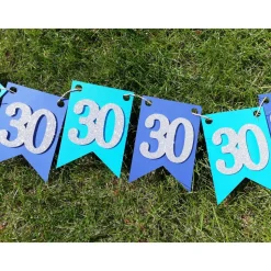 Super edle Girlande zum 30. Geburtstag Wimpelkette Girlande Dekoration Papierdeko Wimpel Silber und Blau Glitzer
