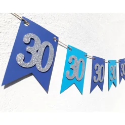 Super edle Girlande zum 30. Geburtstag Wimpelkette Girlande Dekoration Papierdeko Wimpel Silber und Blau Glitzer