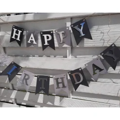 Super edle Girlande zum Geburtstag Happy Birthday auf Wunsch personalisiert mit Wunschnamen Silber Grau und Schwarz