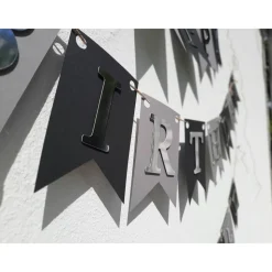 Super edle Girlande zum Geburtstag Happy Birthday auf Wunsch personalisiert mit Wunschnamen Silber Grau und Schwarz