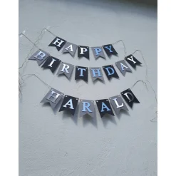 Super edle Girlande zum Geburtstag Happy Birthday auf Wunsch personalisiert mit Wunschnamen Silber Grau und Schwarz