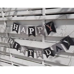 Super edle Girlande zum Geburtstag Happy Birthday auf Wunsch personalisiert mit Wunschnamen Silber Grau und Schwarz