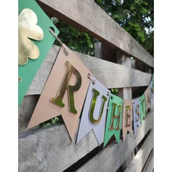 Super elegante Girlande zum Ruhestand / Rente / in Grün, Beige, Grau und Gold Glücksklee Abschied Willkommen im Ruhestan