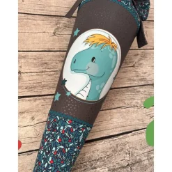 supercoole Schultüte Zuckertüte in grau Petrol mint mit Dino Motiv