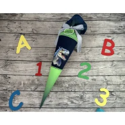 supercoole Schultüte Zuckertüte in blau-grün mit Dino T-rex Motiv