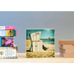 Sylt Strandkorb maritim Sand Urlaub Foto auf Holz, im Quadrat, 13 x 13 cm Geschenk für sie