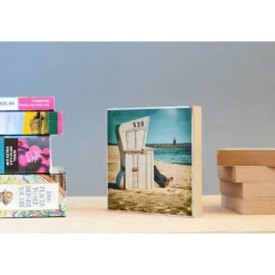 Sylt Strandkorb maritim Sand Urlaub Foto auf Holz, im Quadrat, 13 x 13 cm Geschenk für sie