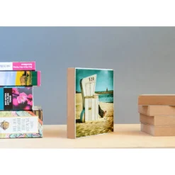 Sylt Strandkorb maritim Sand Urlaub Foto auf Holz, im Quadrat, 13 x 13 cm Geschenk für sie