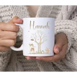 Tasse Kind personalisiert, Geschenk Geburtstag mit Namen, Kindertasse Waldtiere, Namenstasse Baum Reh Igel, Tasse Boho