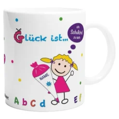 Tasse Schulkind mit Namen – personalisiertes Geschenk zur Einschulung, rosa, für Mädchen