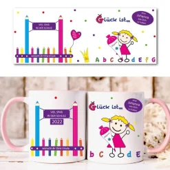 Tasse Schulkind mit Namen – personalisiertes Geschenk zur Einschulung, rosa, für Mädchen