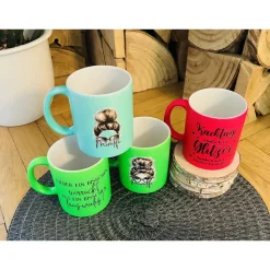Tassen lustige Sprüche Kaffeetasse Kaffeebecher „Momlife“ „Kacktage in Glitzer…“ Geschenk Mama Mutter Freundin Neon