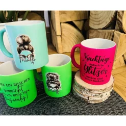 Tassen lustige Sprüche Kaffeetasse Kaffeebecher „Momlife“ „Kacktage in Glitzer…“ Geschenk Mama Mutter Freundin Neon
