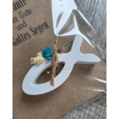 Taufe * Alles Gute * Gottes Segen * Karte mit Fisch * Keraflott * Türkise Trockenblumen