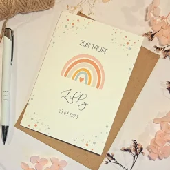 Taufkarte personalisiert Junge – Glückwunschkarte zur Taufe mit Namen & Datum – Regenbogen Karte A6 mit Umschlag
