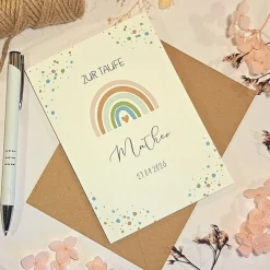 Taufkarte personalisiert Junge – Glückwunschkarte zur Taufe mit Namen & Datum – Regenbogen Karte A6 mit Umschlag
