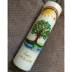 Taufkerze 2024, Lebensbaum, Baum, Apfelbaum, Sonne, Regenbogen, Kreuz, inkl. Beschriftungen, Farbwünsche, Sonderwünsche