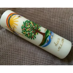 Taufkerze 2024, Lebensbaum, Baum, Apfelbaum, Sonne, Regenbogen, Kreuz, inkl. Beschriftungen, Farbwünsche, Sonderwünsche