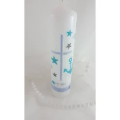 Taufkerze Anker hellblau , türkis , grau