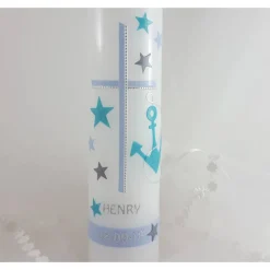 Taufkerze Anker hellblau , türkis , grau