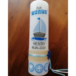 Taufkerze Arche, Boot, Noah inkl. Beschriftung, Mädchen, Junge, Farbwünsche möglich, handgearbeitete Wachsverzierungen,