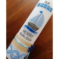 Taufkerze Arche, Boot, Noah inkl. Beschriftung, Mädchen, Junge, Farbwünsche möglich, handgearbeitete Wachsverzierungen,