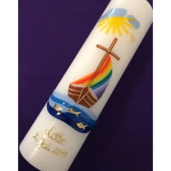 Taufkerze Arche, Boot, Noah inkl. Beschriftung, Mädchen, Junge,, Farbwünsche möglich, handgearbeitete Wachsverzierungen,