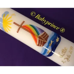 Taufkerze Arche, Boot, Noah inkl. Beschriftung, Mädchen, Junge,, Farbwünsche möglich, handgearbeitete Wachsverzierungen,