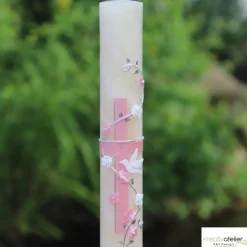 Taufkerze Bienenwachs mit Kreuz zweifarbig, Taube und Blumenranke, Taufkerze für Mädchen Jungen personalisierbar