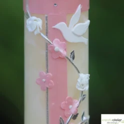 Taufkerze Bienenwachs mit Kreuz zweifarbig, Taube und Blumenranke, Taufkerze für Mädchen Jungen personalisierbar