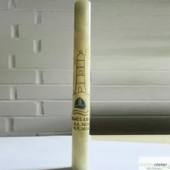 Taufkerze Bienenwachs mit Schiff, Wellen, Leuchtturm und Taube, handverziert und -geknetet, Taufkerze für Mädchen Jungen