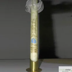 Taufkerze Bienenwachs mit Schiff, Wellen, Leuchtturm und Taube, handverziert und -geknetet, Taufkerze für Mädchen Jungen