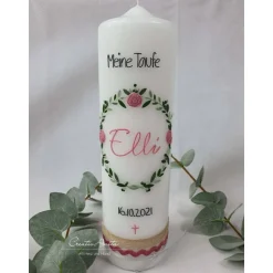 Taufkerze Blätterkranz & Patenkerze mit Rosen - Altrosa-Grün-Salbei-Eukalypthus-Natur