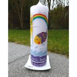 Taufkerze bunter Fisch, inkl. Beschriftungen, Sonne, Regenbogen, Kreuz, Farbwünsche möglich, Mädchen, Junge, Taufe, kath