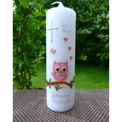 Taufkerze Eule Kreuz Mädchen rosa Herzen Taufe Handarbeit keine Folie handgearbeite Wachsverzierungen + Beschriftungen