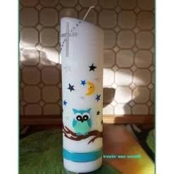 Taufkerze Eule mit Sternen und Mond - individuell - personalisiert