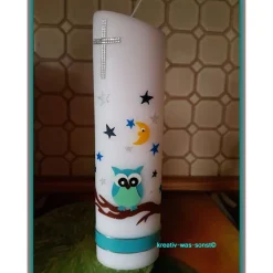 Taufkerze Eule mit Sternen und Mond - individuell - personalisiert