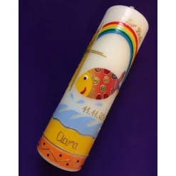Taufkerze Fisch bunt Kreuz Sonne Regenbogen Junge Mädchen Taufe Handarbeit keine Folie handgearbeite Wachsverzierungen
