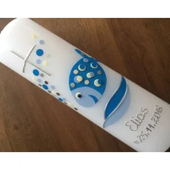 Taufkerze Fisch Kreuz Junge Mädchen Taufe Handarbeit keine Folie handgearbeite Wachsverzierungen und Beschriftungen