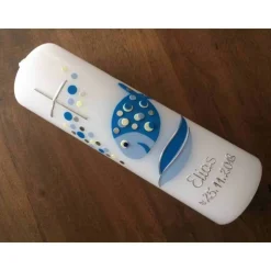 Taufkerze Fisch Kreuz Junge Mädchen Taufe Handarbeit keine Folie handgearbeite Wachsverzierungen und Beschriftungen