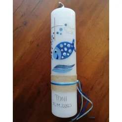 Taufkerze Fisch mit Spruch, bubble Fisch, blau inkl. Beschriftung