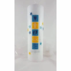 Taufkerze für Jungen,Mädchen, blau, gelb, Sterne, 250 x 70mm