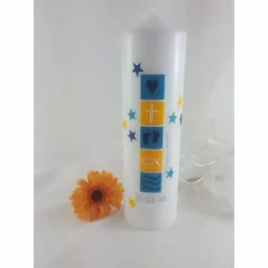 Taufkerze für Jungen,Mädchen, blau, gelb, Sterne, 250 x 70mm