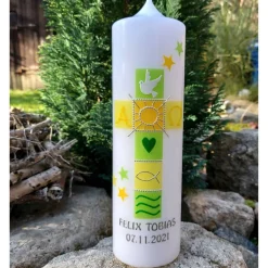 Taufkerze grün , gelb, Taufkerze, mit Sternen, für Mädchen und Junge