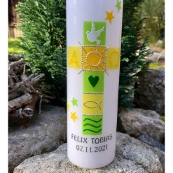 Taufkerze grün , gelb, Taufkerze, mit Sternen, für Mädchen und Junge