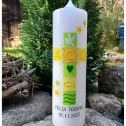 Taufkerze grün , gelb, Taufkerze, mit Sternen, für Mädchen und Junge