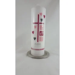Taufkerze "Herz" für Mädchen, optional mit oder ohne Kerzenteller