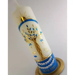 Taufkerze Jungen Lebensbaum blau gold Baum des Lebens Regenbogen Namenskette Name Datum Spruch individualisierbar